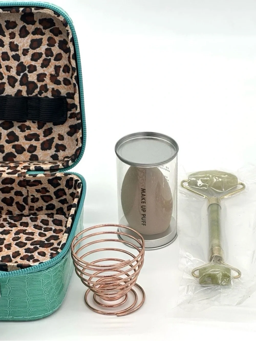 Green Croc-Embossed Travel Jewelry Cosmetic Case with Leopard Interior 4 pc Set